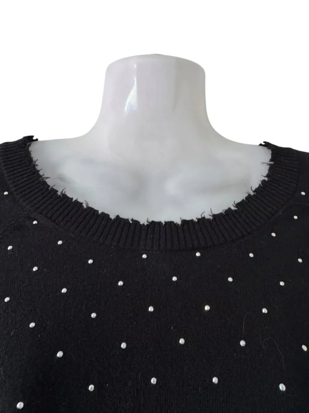 NEW MinnieRose Cashmere Sweater Frayed Edge Crew Black Silver Tone Beads  Med